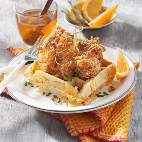 Orange Blossom Honey Chicken and Chive Cheddar Waffles