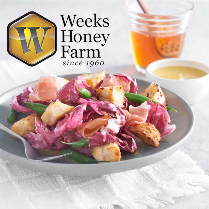 Deliciously Cool! Radicchio and Prosciutto Salad with Raw Honey Poppyseed Vinaigrette and Weeks Honey-Toasted Croutons
